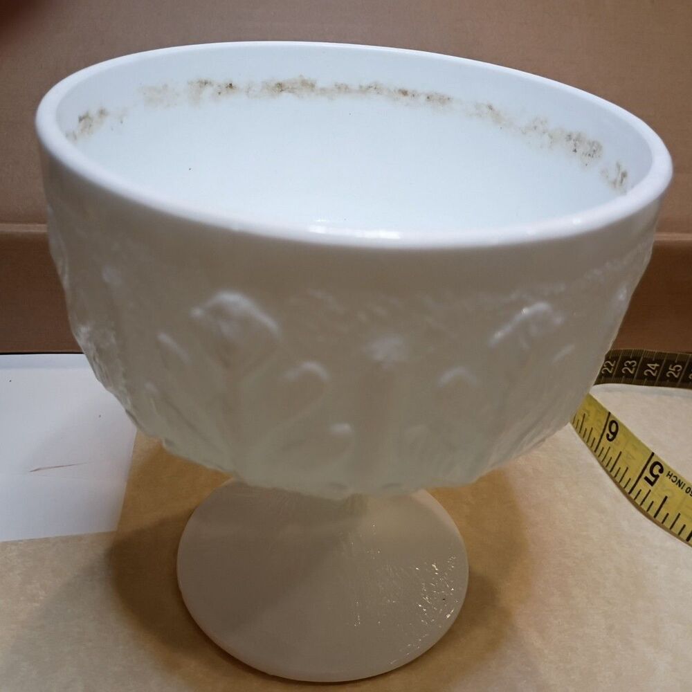 Milk Glass Pedestal Planter Vase or Compote Oak Leaf Pattern 1978 6" Tall